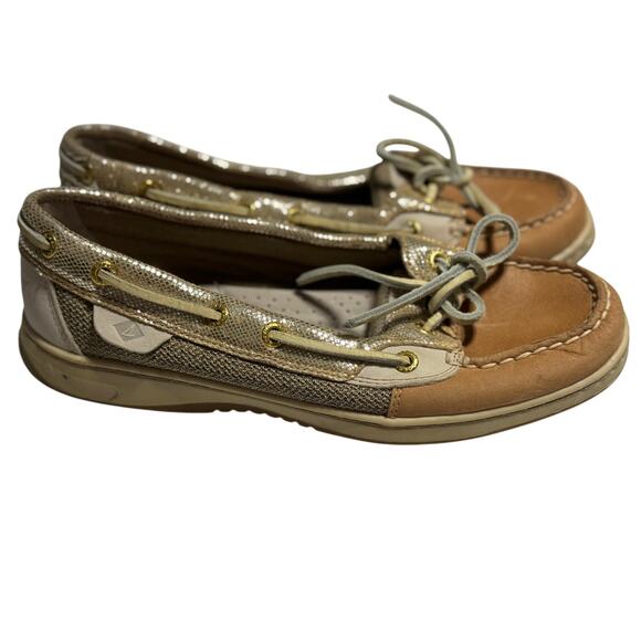 Sperry Top Sider Shoes - Sperry Top-siders Metallic Gold Tan Boat Shoes Blue Size 8.5